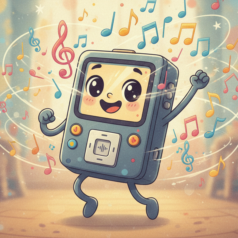 Canciones de la Escuela de Alegría Anaís y Pirueta Reproductor de música animado feliz bailando rodeado de notas musicales, imagen destacada de la sección de canciones de Anaís y Pirueta.