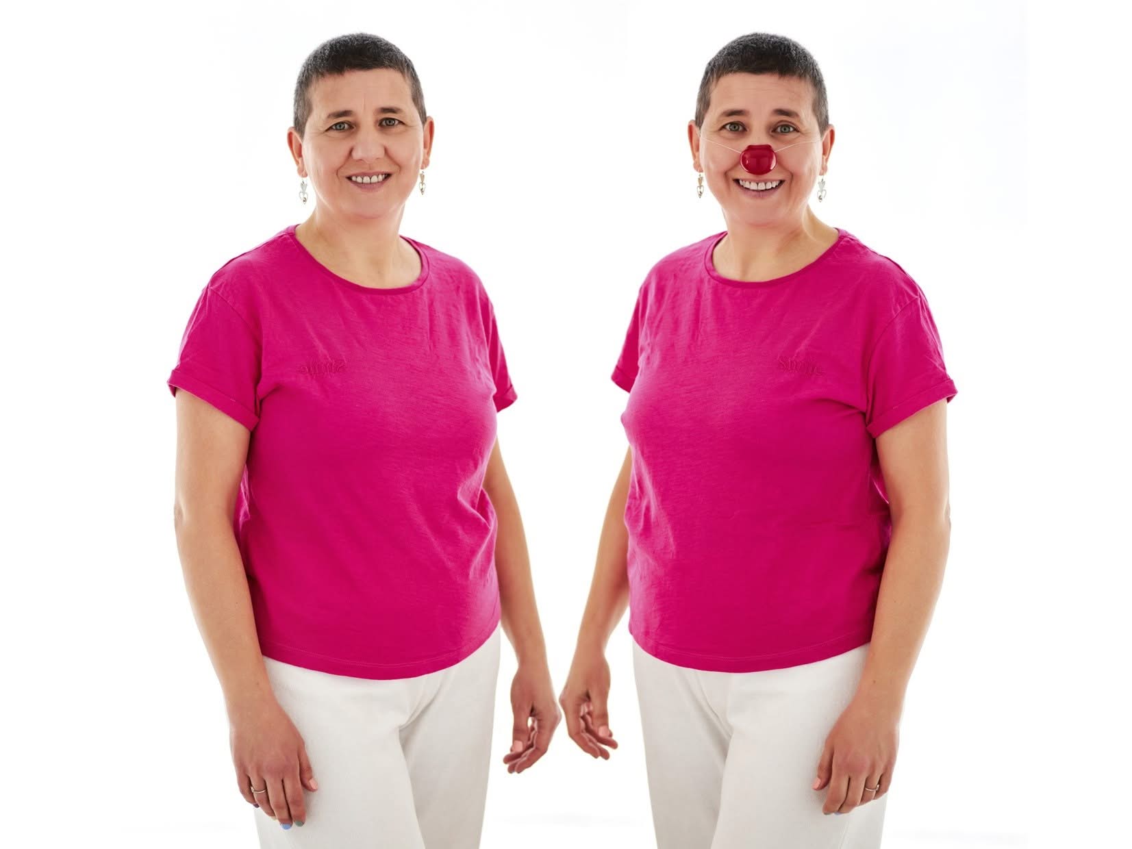 Anaís Isarre sin nariz roja y en clave Clown con su nariz de payaso como Pirueta para ilustrar la neurociencia del clown y el cambio de mentalidad.